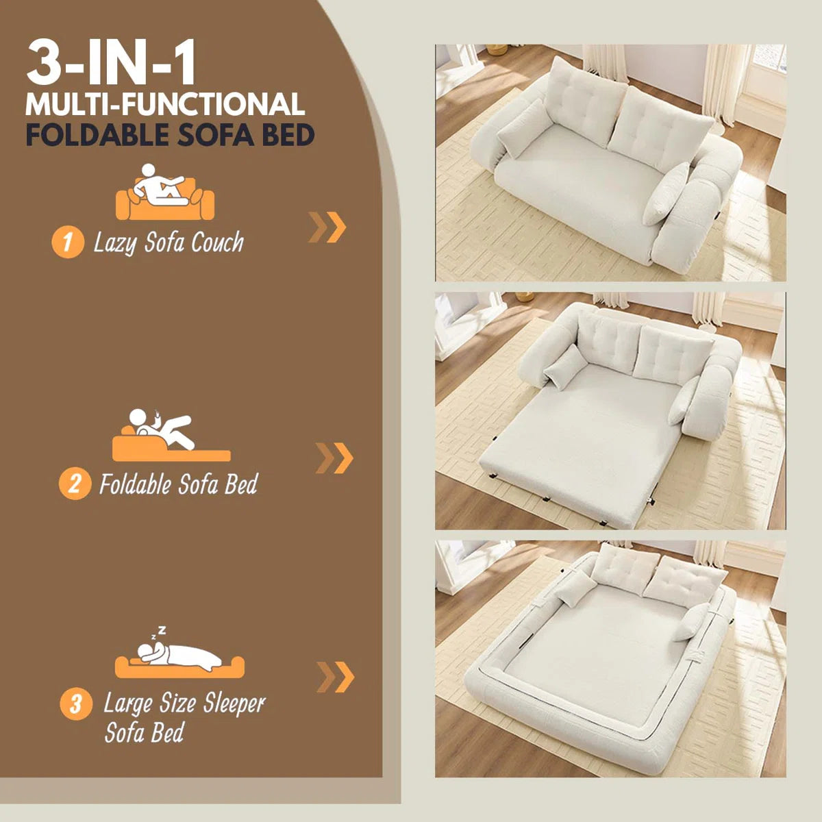 Lazy Sofa Couch, 78.7" Multi-functional Foldable Sofa Bed, 3-in-1 Teddy Fabric Foam-filled Sleeper Sofa Bed For Living Room, Guest Bed, Playroom, Human Dog Bed