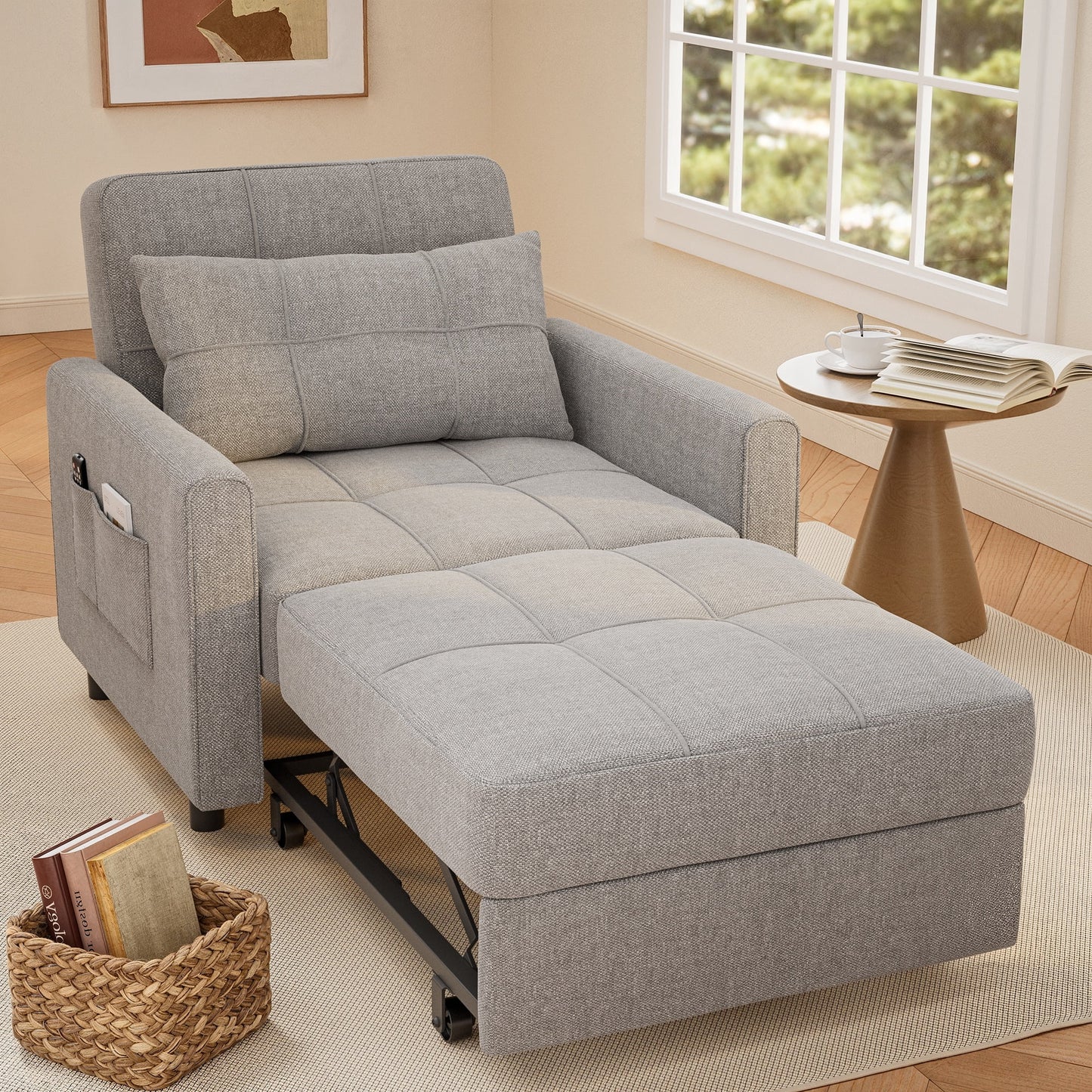 Thombrower Sofa Bed Chair Convertible, Sleeper Sofa with Pull-Out Bed, 3-in-1 Futon Couch with Reclining Backrest and Side Pocket, Light Grey
