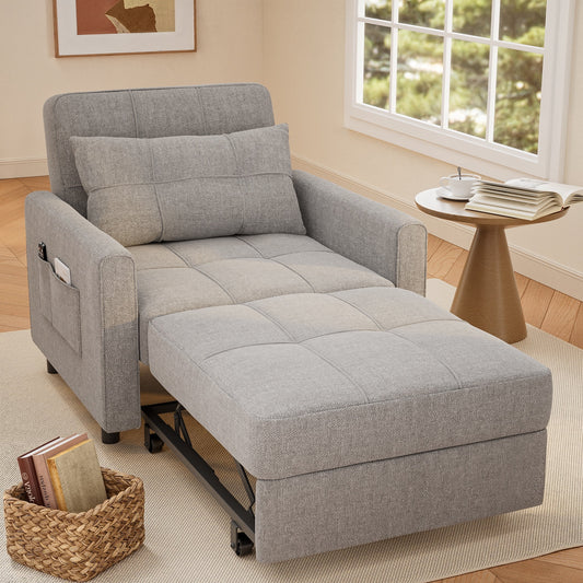 Thombrower Sofa Bed Chair Convertible, Sleeper Sofa with Pull-Out Bed, 3-in-1 Futon Couch with Reclining Backrest and Side Pocket, Light Grey