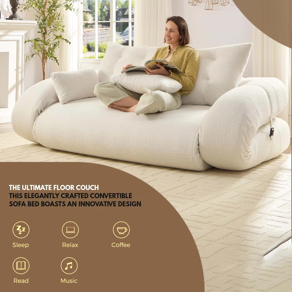 Lazy Sofa Couch, 78.7" Multi-functional Foldable Sofa Bed, 3-in-1 Teddy Fabric Foam-filled Sleeper Sofa Bed For Living Room, Guest Bed, Playroom, Human Dog Bed