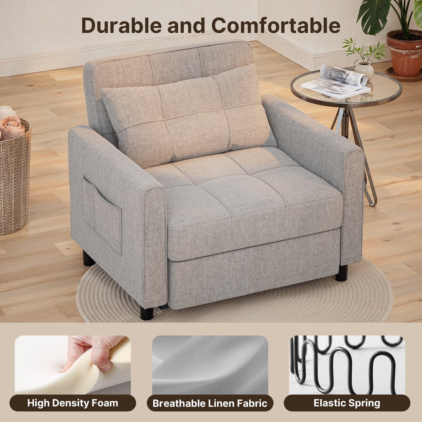 Thombrower Sofa Bed Chair Convertible, Sleeper Sofa with Pull-Out Bed, 3-in-1 Futon Couch with Reclining Backrest and Side Pocket, Light Grey