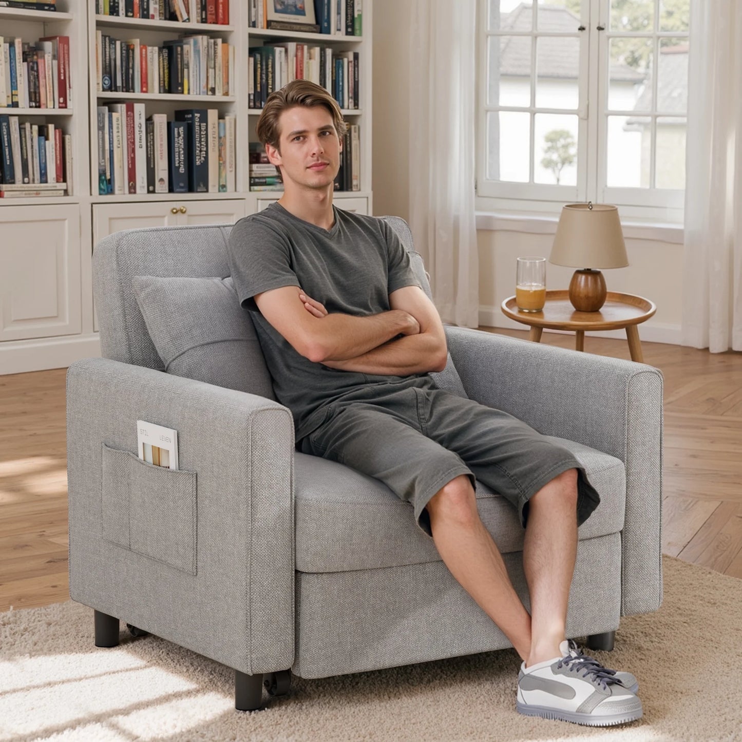 Thombrower Sofa Bed Chair Convertible, Sleeper Sofa with Pull-Out Bed, 3-in-1 Futon Couch with Reclining Backrest and Side Pocket, Light Grey