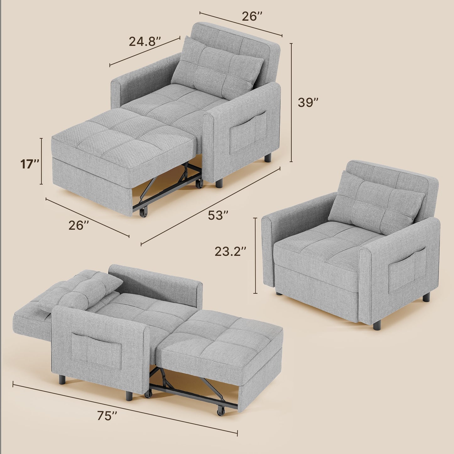 Thombrower Sofa Bed Chair Convertible, Sleeper Sofa with Pull-Out Bed, 3-in-1 Futon Couch with Reclining Backrest and Side Pocket, Light Grey