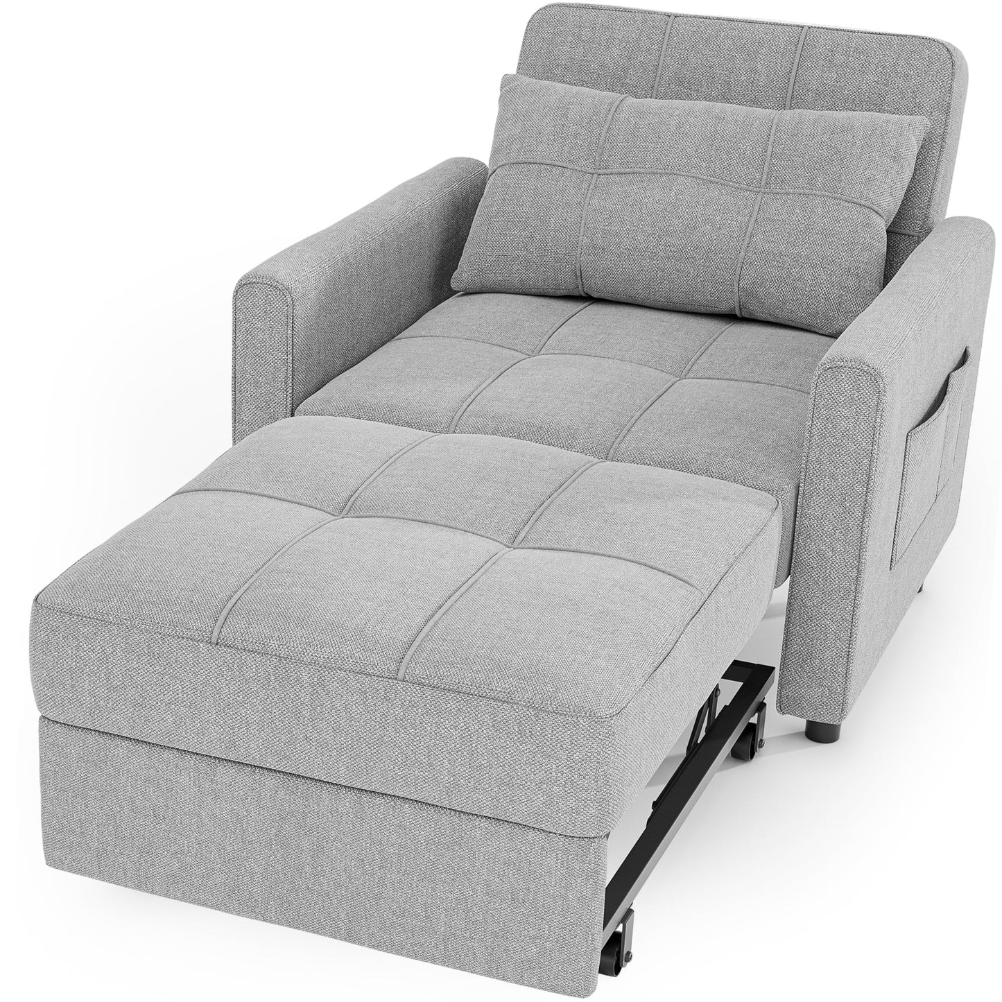 Thombrower Sofa Bed Chair Convertible, Sleeper Sofa with Pull-Out Bed, 3-in-1 Futon Couch with Reclining Backrest and Side Pocket, Light Grey